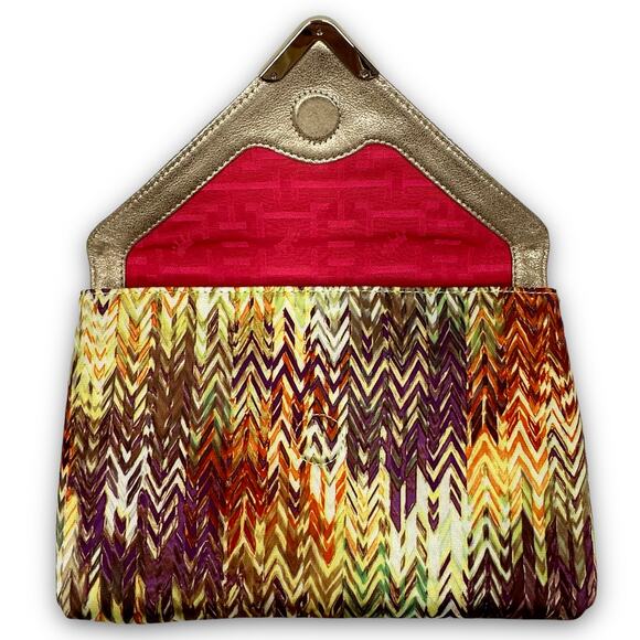 Elaine Turner Envelope Clutch Bag Abstract Chevron Zig Zag Print Gold Hardware - Picture 4 of 8